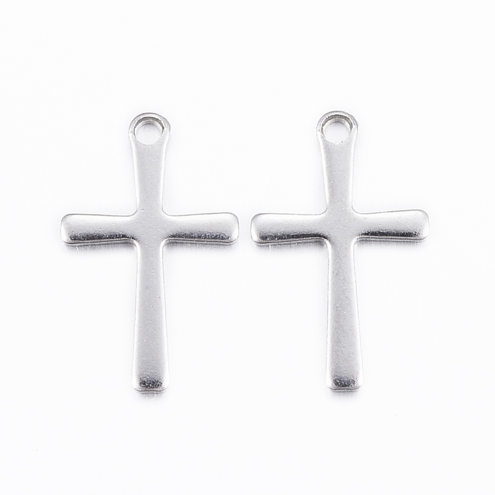 PandaHall 304 Stainless Steel Charms, Cross Pendants, Stainless Steel Color, 15.5x9.5x0.8mm, Hole: 1mm Stainless Steel Cross