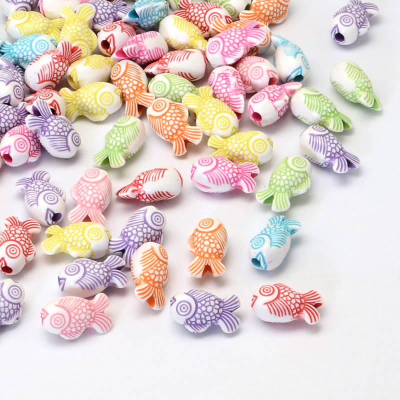PandaHall Fish Craft Style Acrylic Beads, Mixed Color, 15x9x7.5mm, Hole: 2.5mm; about 1100pcs/500g Acrylic Fish Multicolor
