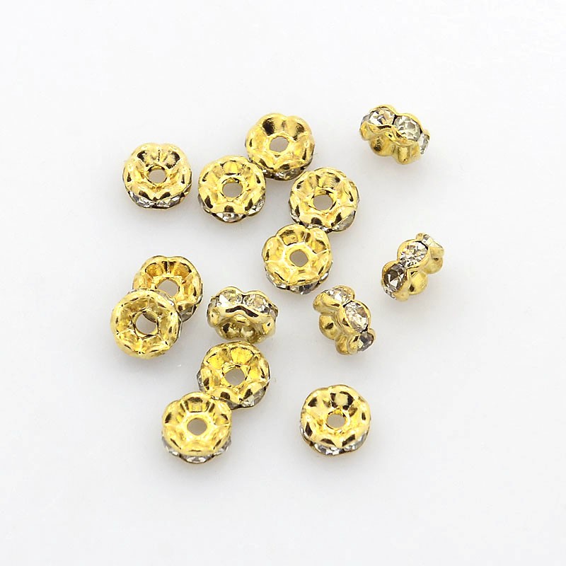 PandaHall Brass Rhinestone Spacer Beads, Grade A, Crystal, Wavy Edge, Rondelle, Golden, 5x2.5mm, Hole: 1mm Brass+Rhinestone Rondelle