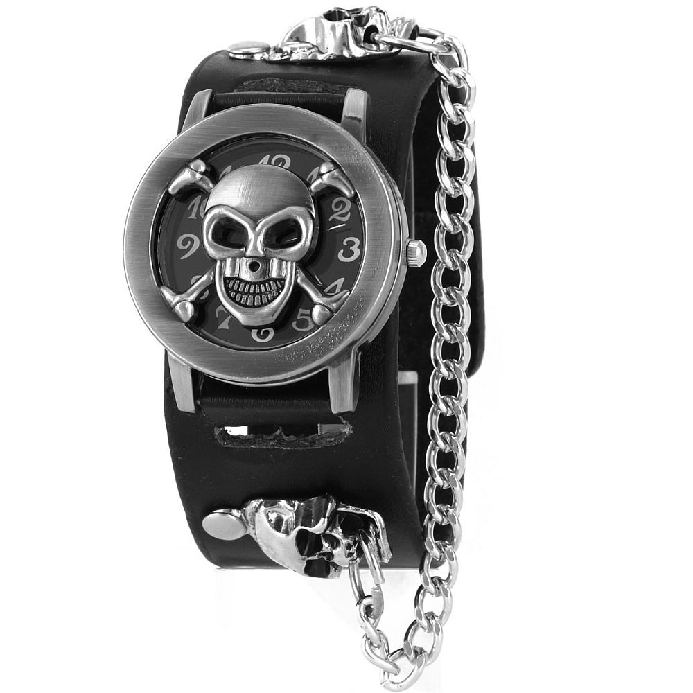 PandaHall High Quatily Skull Alloy PU Leather Punk Style Quartz Wristwatches, with Iron Chains, Black, 230x26mm; Watch Head: 43x39x10mm;...