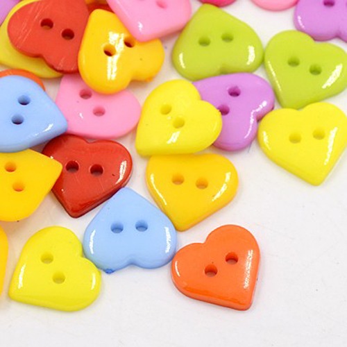 PandaHall Acrylic Sewing Buttons for Costume Design, Heart Buttons, 2-Hole, Dyed, Mixed Color, 14x14x3mm, Hole: 1mm Acrylic Heart Multicolor