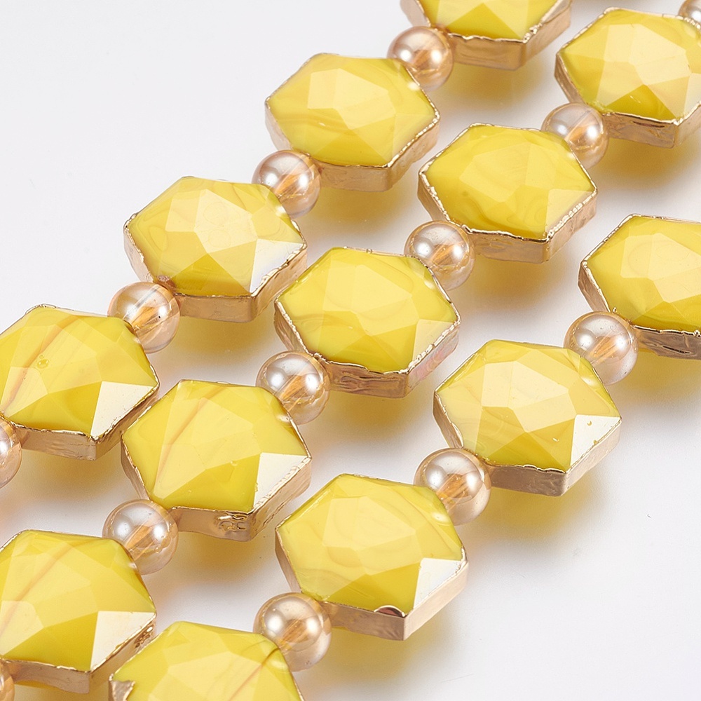PandaHall Opaque Glass Beads Strands, Faceted, with Golden Tone Brass Edge, Hexagon & Round, Yellow, 15x14~15x7~8mm, Hole: 1mm; about...