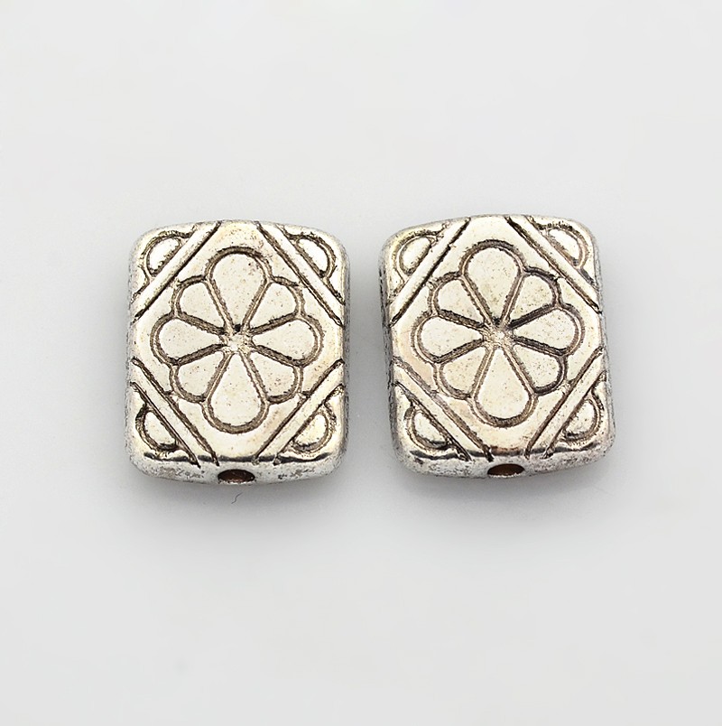 PandaHall Tibetan Silver Beads, Lead Free & Nickel Free & Cadmium Free, Rectangle with Flower, Antique Silver, about 12mm long, 10mm wide...
