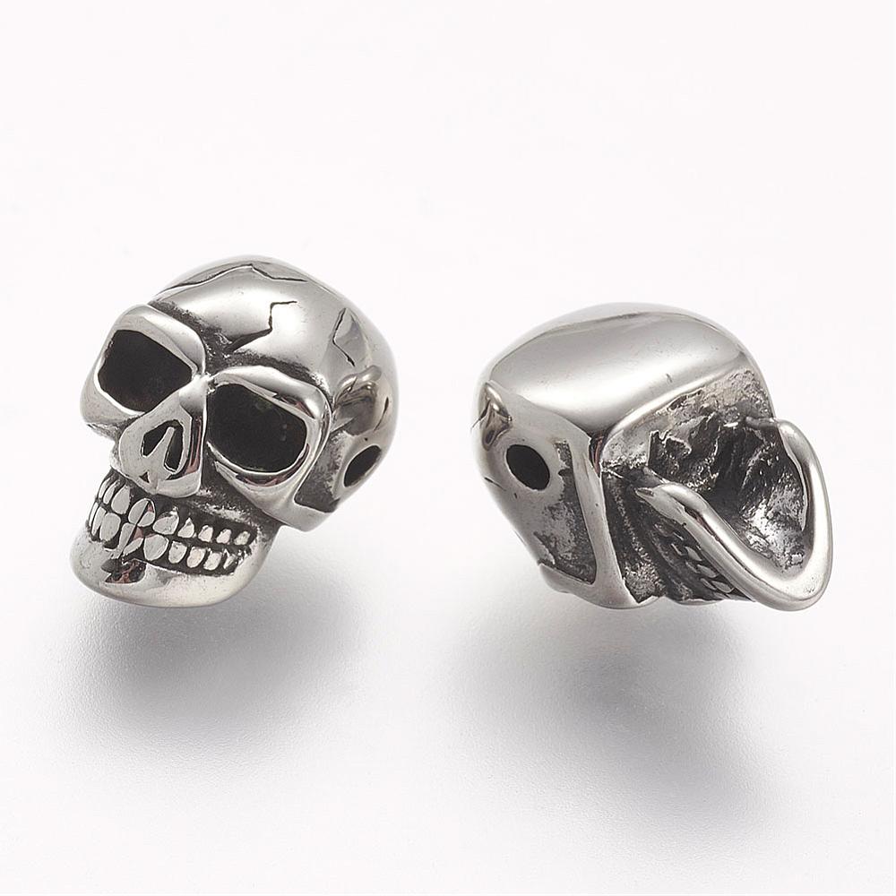 PandaHall 304 Stainless Steel Beads, Skull, Antique Silver, 14x9x9mm, Hole: 1.5mm Stainless Steel Skull
