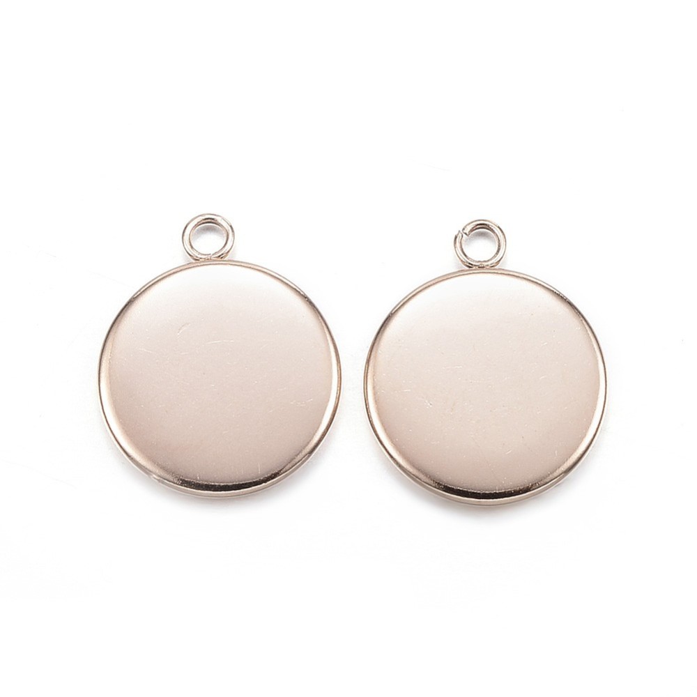 PandaHall 304 Stainless Steel Pendant Cabochon Settings, Flat Round, Rose Gold, Tray: 12mm; 17x14x2mm, Hole: 2mm Stainless Steel Flat Round