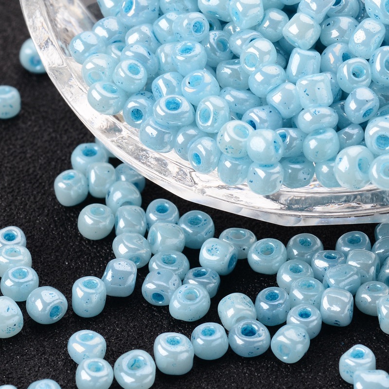 PandaHall Glass Seed Beads, Ceylon Round, Round, PaleTurquoise, 4mm, Hole: 1.5mm; about 4500pcs/pound Glass Cyan