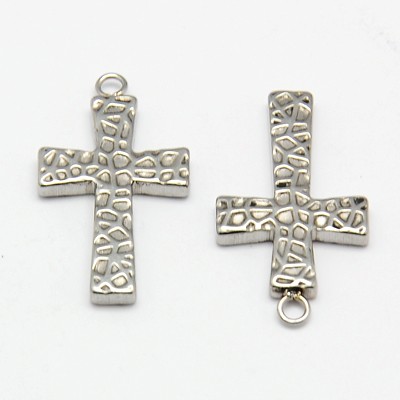 PandaHall 304 Stainless Steel Pendants, Hammered Cross, Stainless Steel Color, 28x15.5x2.5mm, Hole: 2mm Stainless Steel Cross