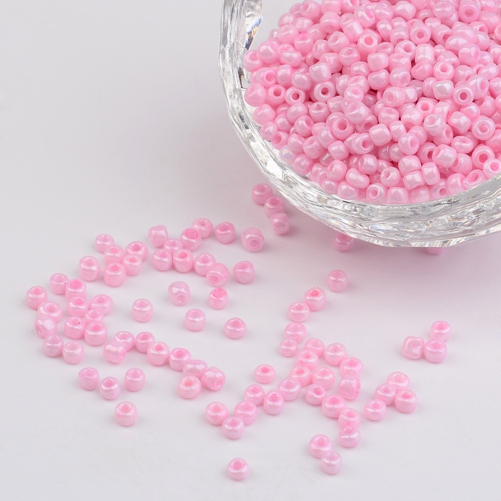 PandaHall 8/0 Opaque Colours Round Glass Seed Beads, Pink, 3mm, Hole:1mm; about 1101pcs/50g Glass Pink