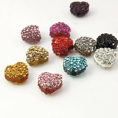 PandaHall Resin Rhinestone Beads, Grade A, Heart, Mixed Color, 12x11x8mm, Hole: 2mm Resin+Rhinestone Heart Multicolor
