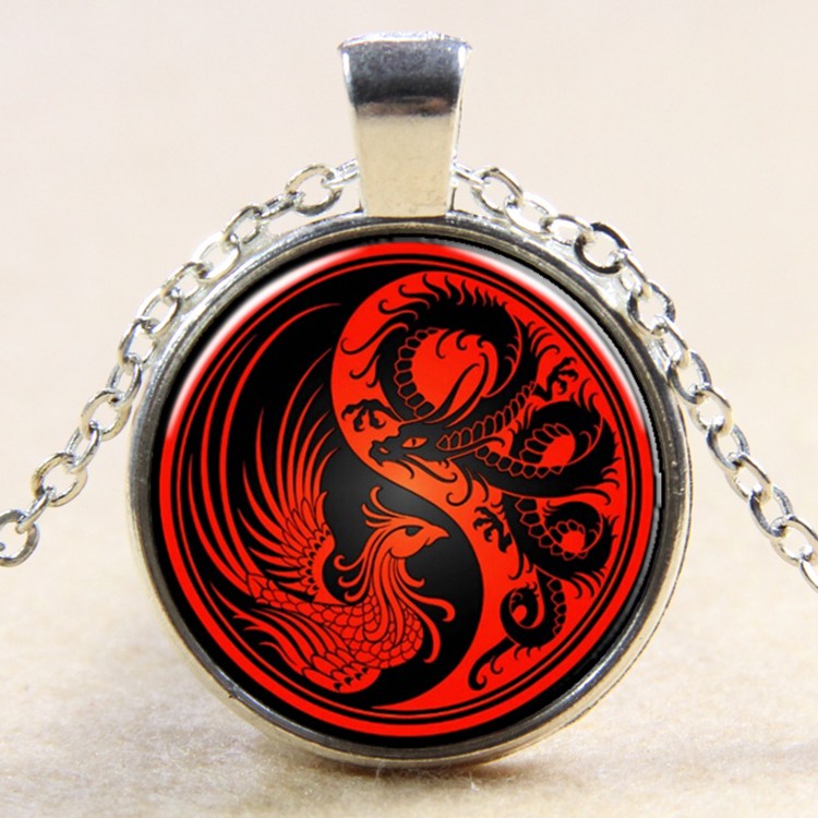 PandaHall Yin-Yang with Dragon and Phoenix Pattern Flat Round Glass Pendant Necklaces, with Alloy Chains, Silver, 18" Glass