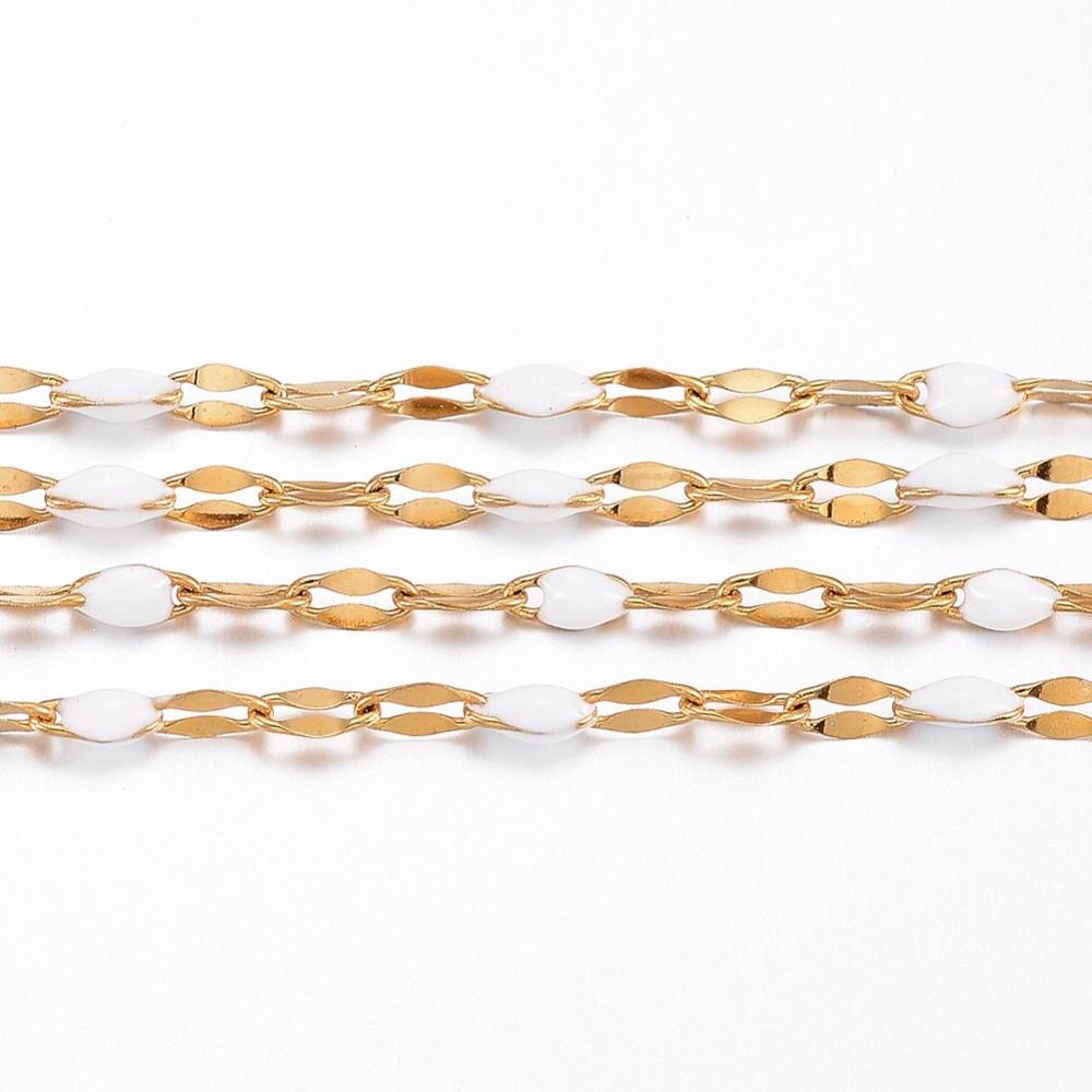 PandaHall 304 Stainless Steel Link Chains, with Spool, with Enamel, Soldered, Golden, White, 4~10x2x0.4~2mm; about 10m/roll Stainless Steel...