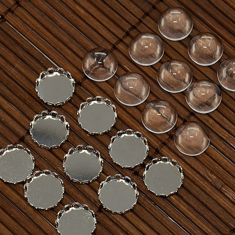 PandaHall 12mm Clear Domed Glass Cabochon Cover for Flat Round DIY Photo Brass Cabochon Making, Platinum, Cabochon Settings: 13mm, Tray...