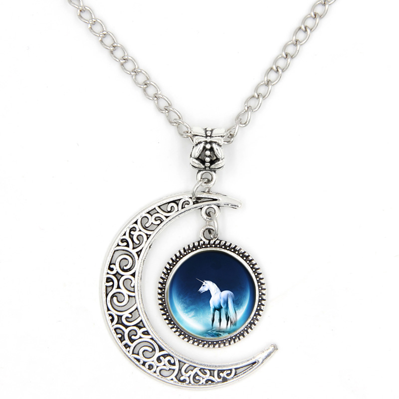 PandaHall Picture Glass Pendant Necklaces, with Alloy Chains, Moon & Flat Round, Unicorn, Antique Silver, 18.5"(47cm) Glass