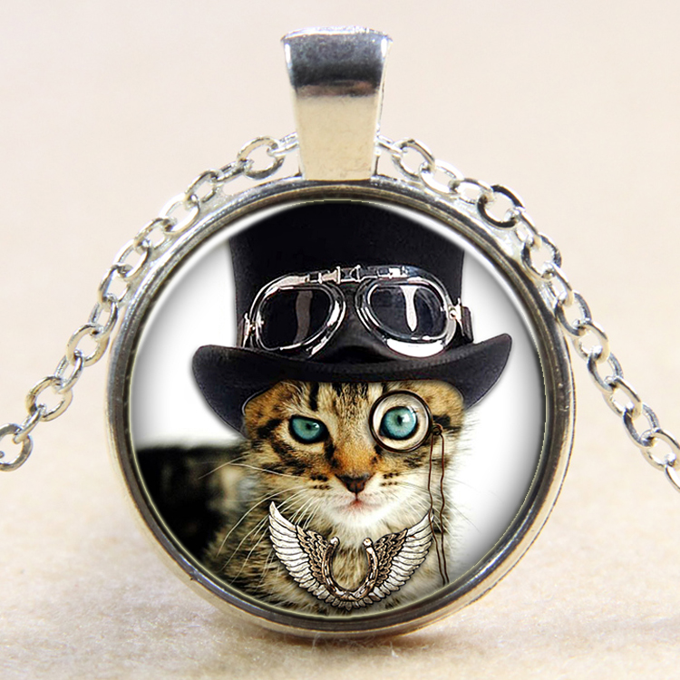PandaHall Cat Pattern Flat Round Glass Pendant Necklaces, with Alloy Chains, Silver, 18" Alloy