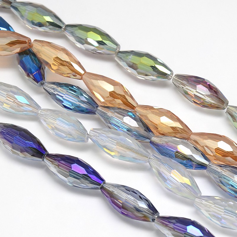PandaHall Electroplate Crystal Glass Rice Beads Strands, Faceted, Rainbow Color Plated, Mixed Color, 19x8mm, Hole: 1mm; about 40pcs/strand...