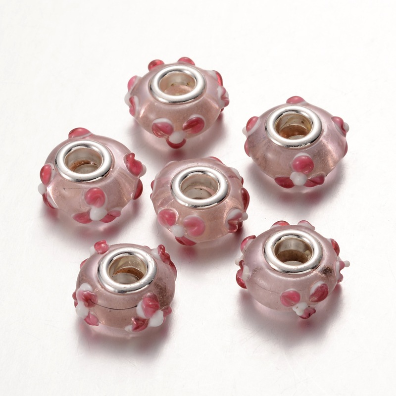 PandaHall Handmade Bumpy Lampwork Large Hole European Beads for Baigi Charm Bracelets, with Silver Color Brass Core, Rondelle, Pink, about...