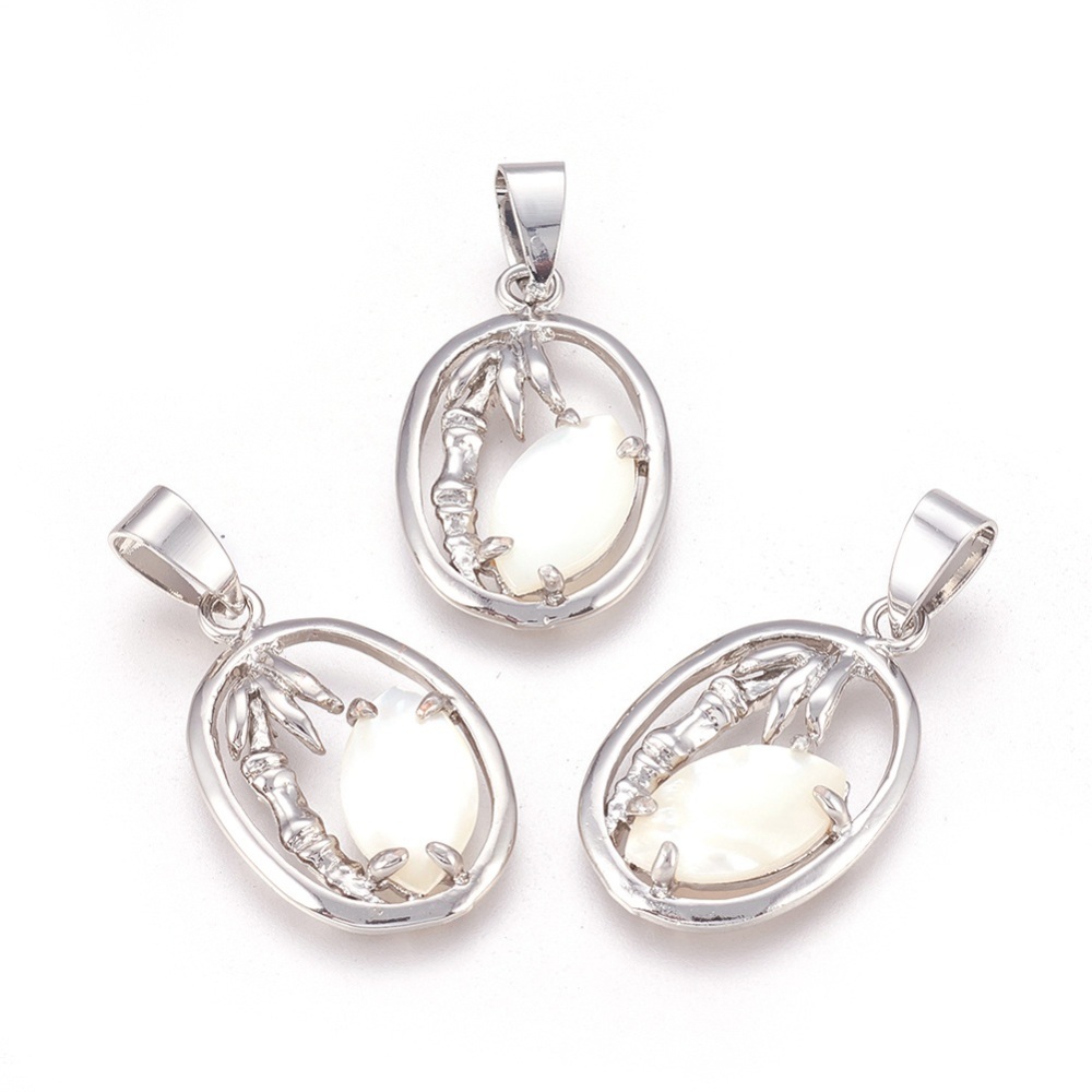 PandaHall Sea Shell Pendants, with Brass Pendant Findings, Oval, Platinum Metal Color, ChampagneYellow, 28x17x2.5mm, Hole: 5x7mm Other Sea...