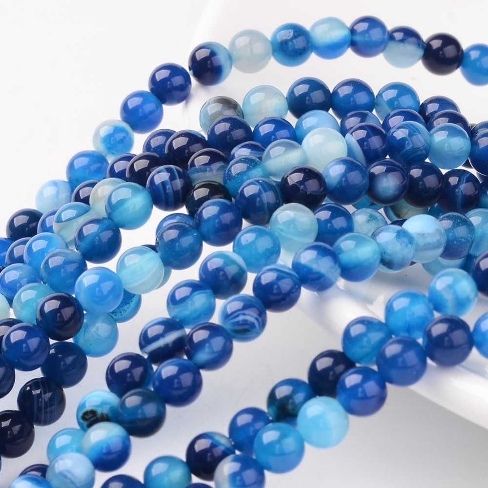 PandaHall Natural Striped Agate/Banded Agate Beads, Dyed, Round, Blue, Size: about 6mm in diameter, hole: 1mm, 63pcs/strand, 15.5" Banded...
