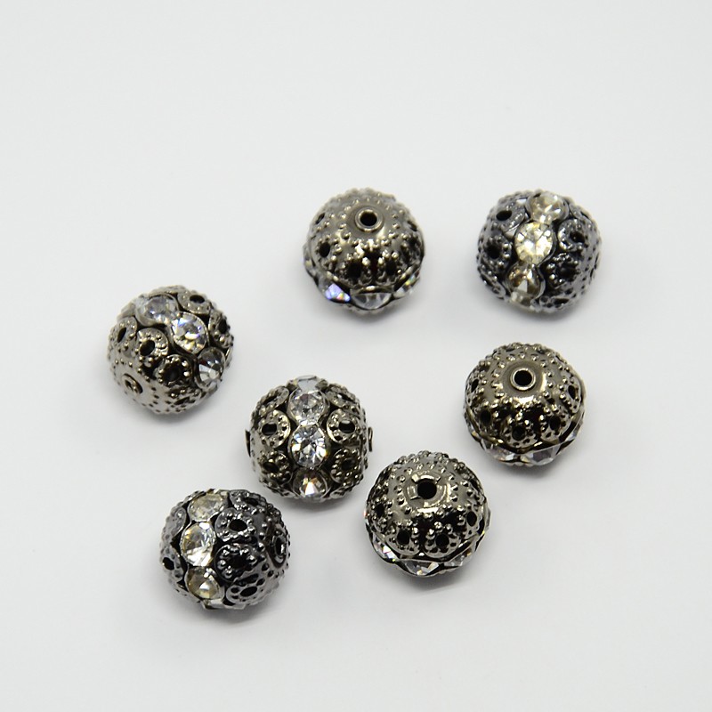 PandaHall Brass Grade A Rhinestone Beads, Gunmetal, Round, Crystal, 12mm in diameter, Hole: 1.5mm Brass+Rhinestone Round