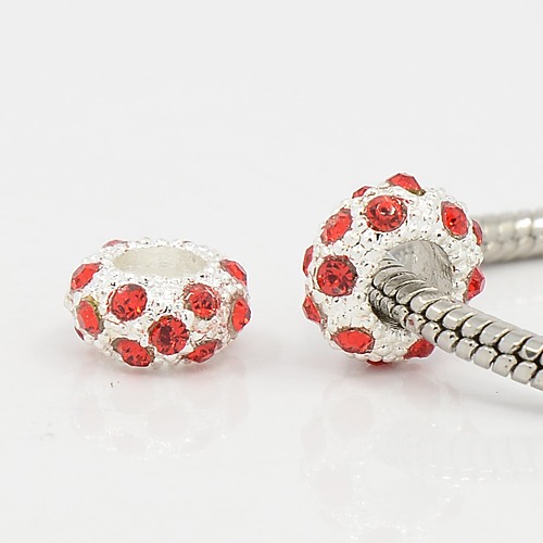 PandaHall Alloy Rhinestone European Rondelle Beads, Silver, Light Siam, 11x6mm, Hole: 5mm Rondelle Red