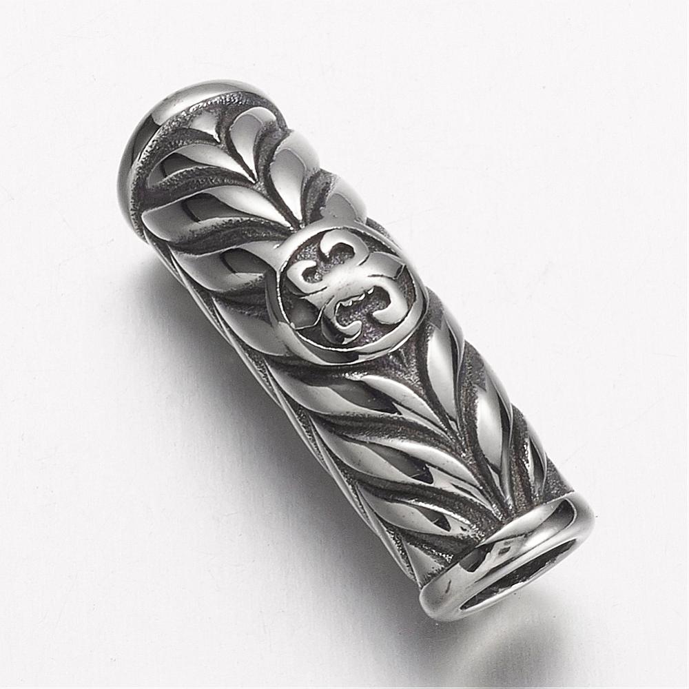 PandaHall 304 Stainless Steel Beads, Tube with Fleur De Lis, Antique Silver, 29.5x12x9mm, Hole: 6mm Stainless Steel Column