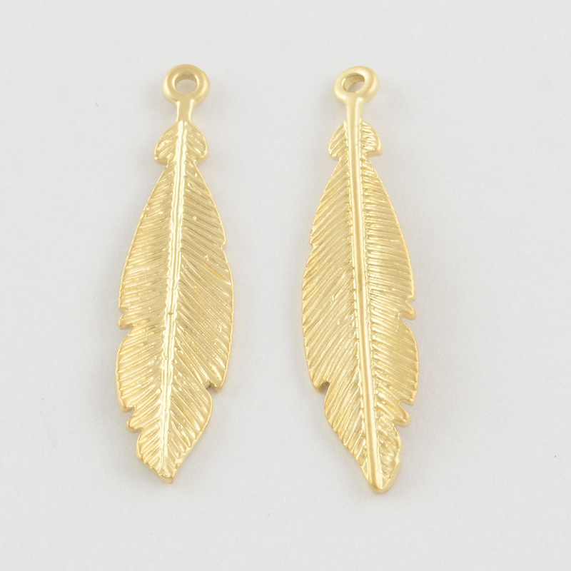 PandaHall Brass Feather Pendants, Lead Free & Nickel Free, Golden, 41x10x1.5mm, Hole: 1mm Brass Feather