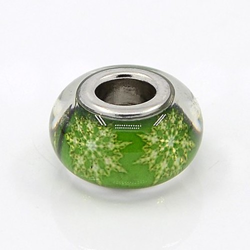 PandaHall Platinum Color Brass Double Cores Glass European Beads Fit European Bracelets DIY, Large Hole Beads, Rondelle with Pattern, Green...