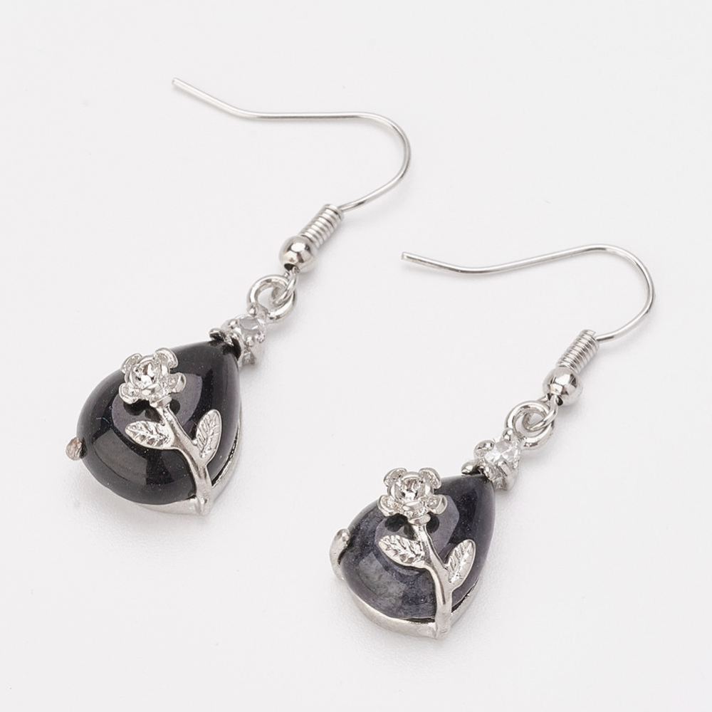 PandaHall Natural Black Stone Dangle Earrings, with Brass Findings, Black, 40mm; pin: 0.5mm Gemstone Black