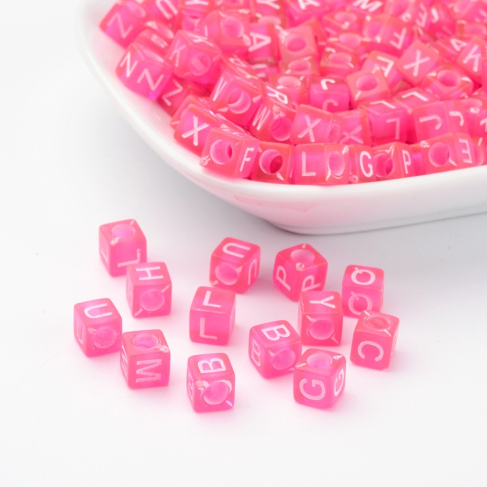 PandaHall Mixed Cube with Letter Transparent Acrylic Beads, HotPink, 6x6x6mm, Hole: 3mm Acrylic Cube Pink