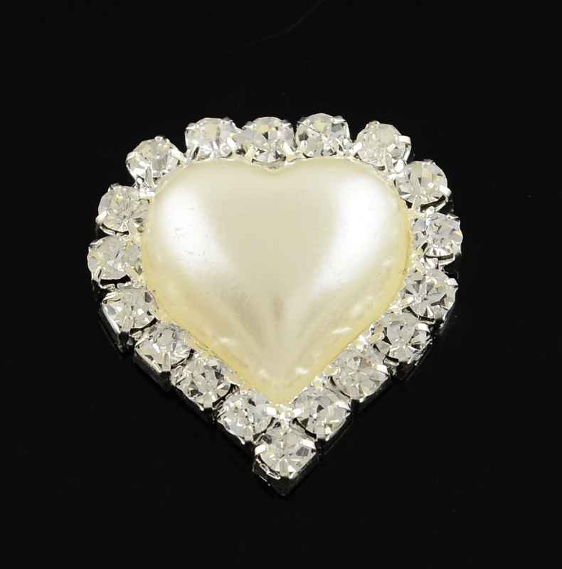 PandaHall Shining Flatback Heart Brass ABS Plastic Imitation Pearl Cabochons, with Grade A Crystal Rhinestones, Silver Metal Color, Ivory...