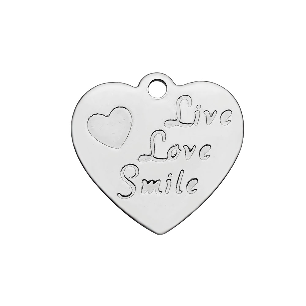 PandaHall 304 Stainless Steel Pendants, Heart with Word Live Love Smile, Stainless Steel Color, 17x18x1mm, Hole: 1.5mm Stainless Steel Heart