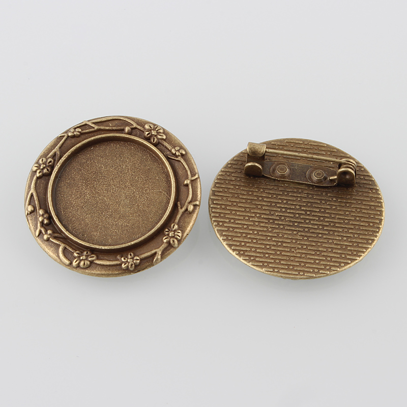 PandaHall Vintage Alloy Carved Flower Brooch Cabochon Bezel Settings, with Iron Pin Back Bar Findings, Nickel Free, Antique Bronze, Flat...