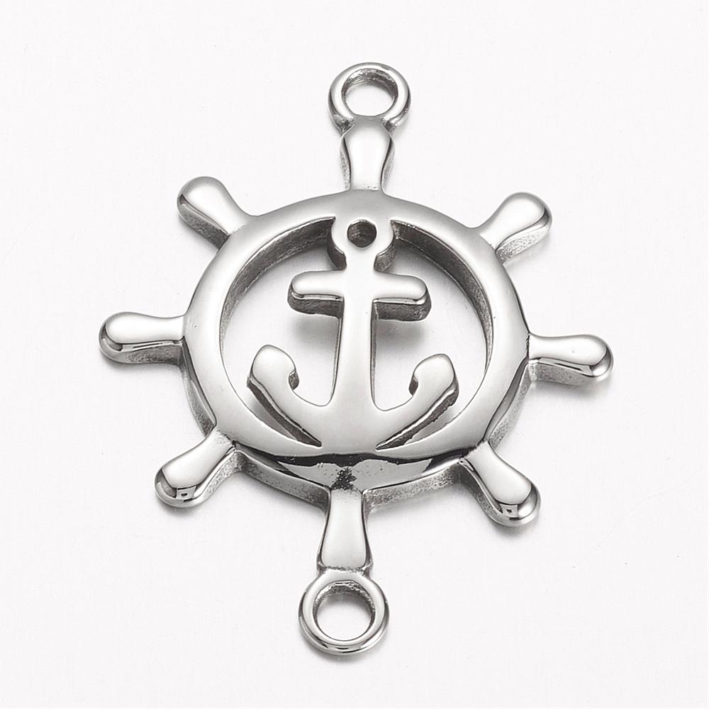 PandaHall 304 Stainless Steel Links, Anchor & Helm, Stainless Steel Color, 41x31x3.5mm, Hole: 3mm Stainless Steel Anchor & Helm