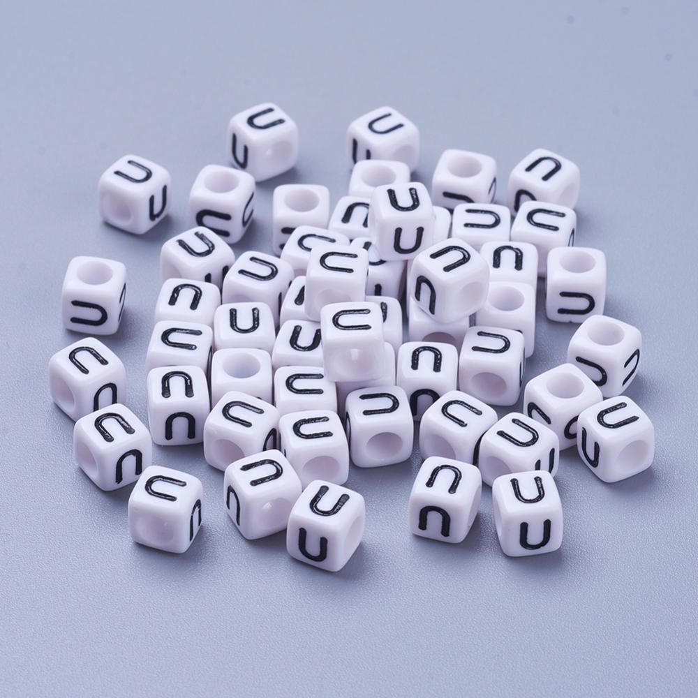 PandaHall Letter U White Letter Acrylic Cube Beads, Size: about 6mm wide, 6mm long, 6mm high, hole: 3.2mm, about 300pcs/50g Acrylic Cube...