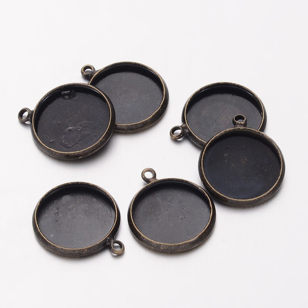 PandaHall Brass Blank Pendant Trays, Flat Round Setting for Cabochon, Lead Free & Cadmium Free, Antique Bronze, Tray: 12mm; 17x14x2mm, Hole...