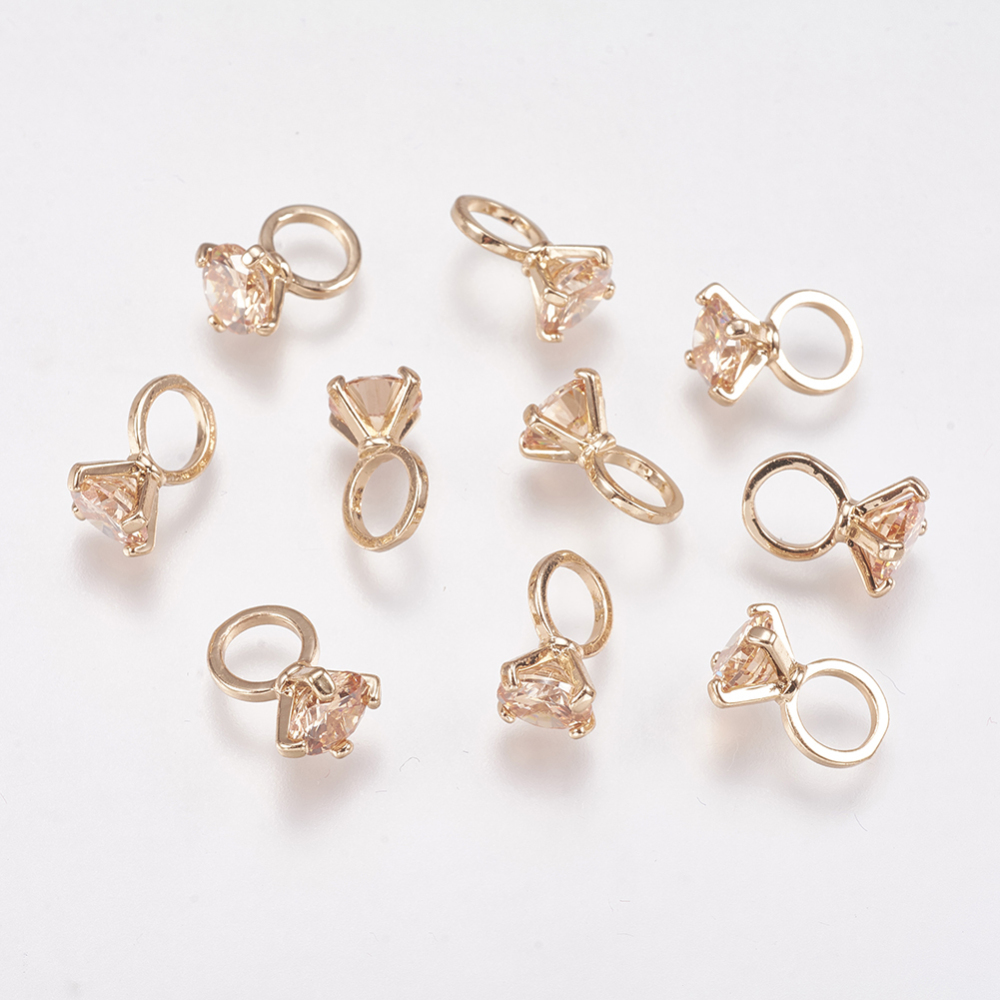 PandaHall Brass Pendants, with Cubic Zirconia, Real Gold Plated, PeachPuff, 11x8x6mm, Hole: 5mm Brass+Cubic Zirconia Brown