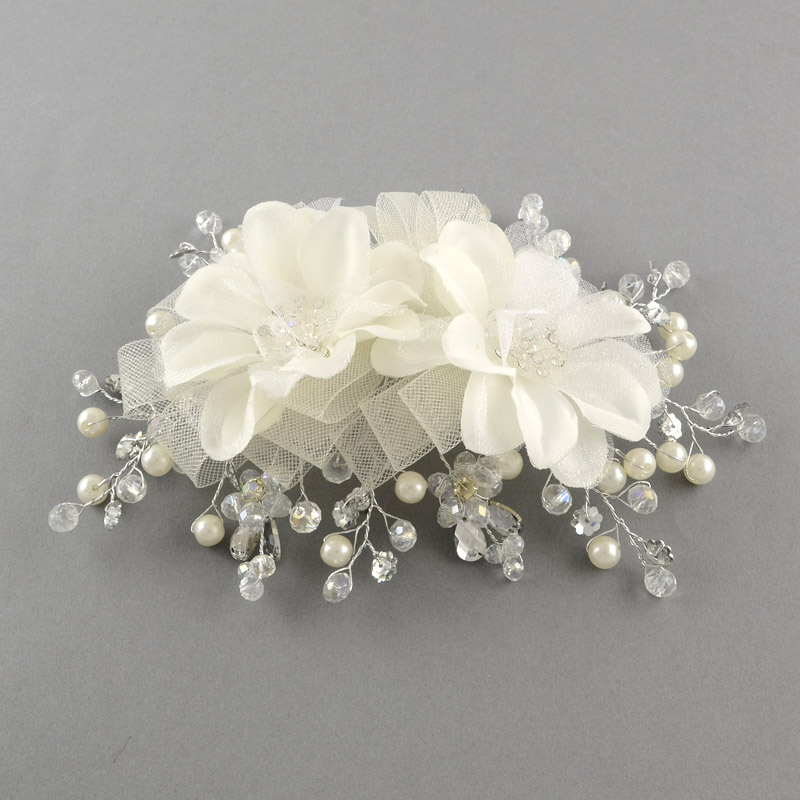 PandaHall Wedding Bridal Decorative Hair Accessories, Iron Rhinestone Headbands, with Cloth Flower and Acrylic Beads, White, 180x130mm...