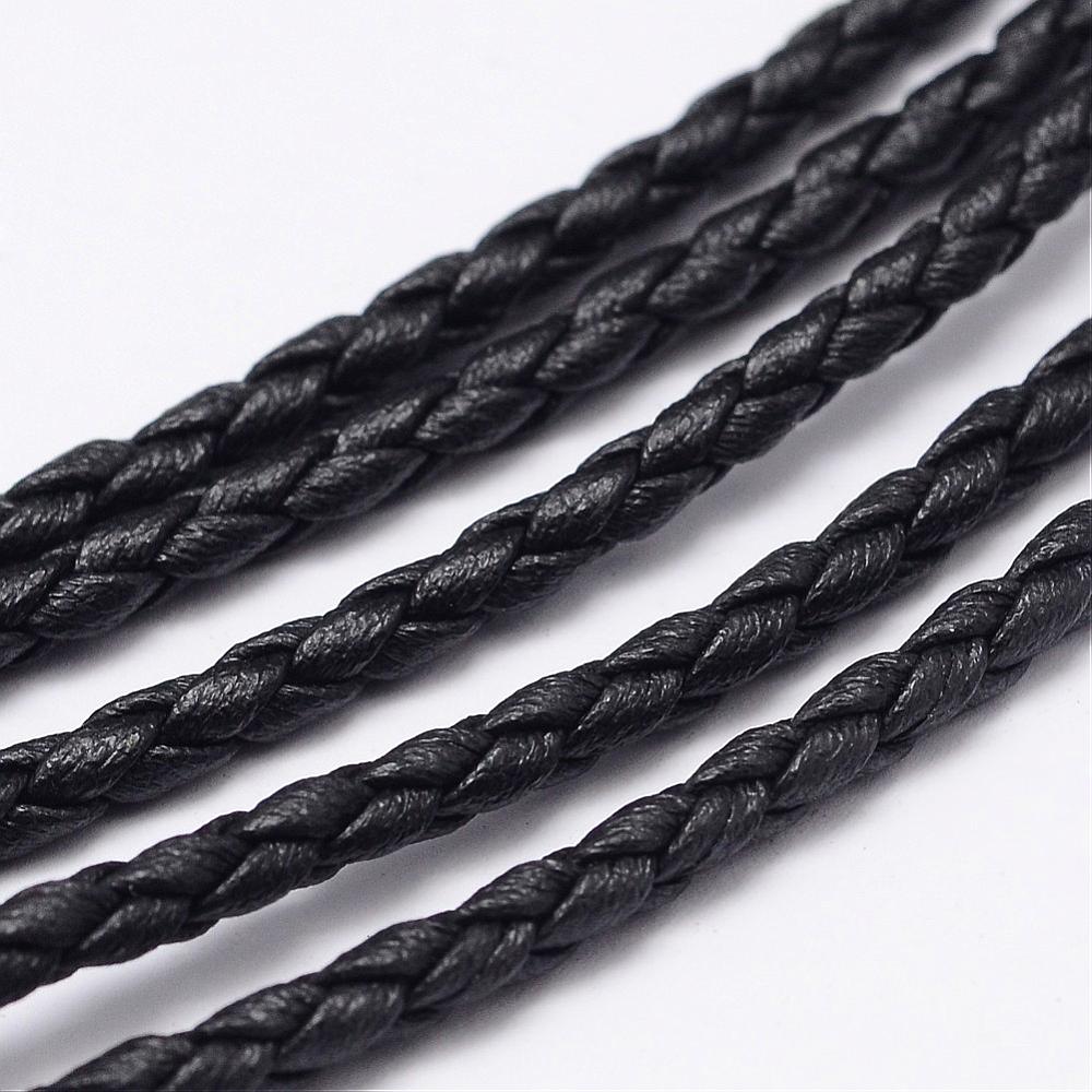 PandaHall Braided PU Imitation Leather Cord, Black, 3mm; about 100yard/bundle Imitation Leather Braided Black