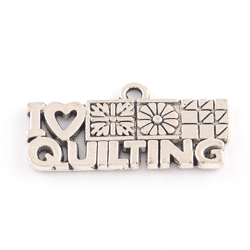 PandaHall Tibetan Style Phrase I Love Quilting Alloy Charms, Cadmium Free & Nickel Free & Lead Free, Antique Silver, 12x24.5x1.5mm, Hole...