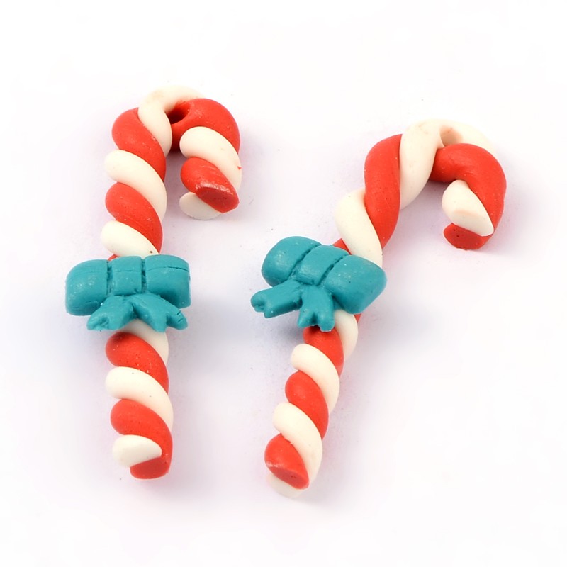 PandaHall Handmade Polymer Clay Beads, Christmas Candy Cane with Bow, Red, about 25~32mm long, 11mm wide, 5mm thick, hole: 1mm Polymer Clay...