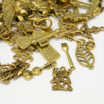 PandaHall Tibetan Style Pendants, Antique Golden Charms, Mixed Shapes, about 5~50mm wide, 8~75mm long, 2~16mm thick, hole: 1.5~5mm Alloy...