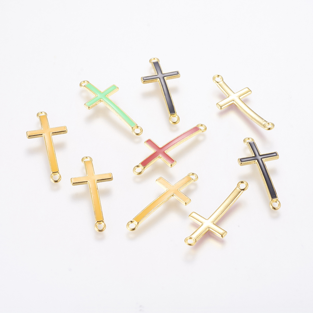 PandaHall Alloy Links, with Enamel, Cross, Golden Metal Color, Mixed Color, 33x14.5x2mm, Hole: 2mm Alloy Cross Multicolor