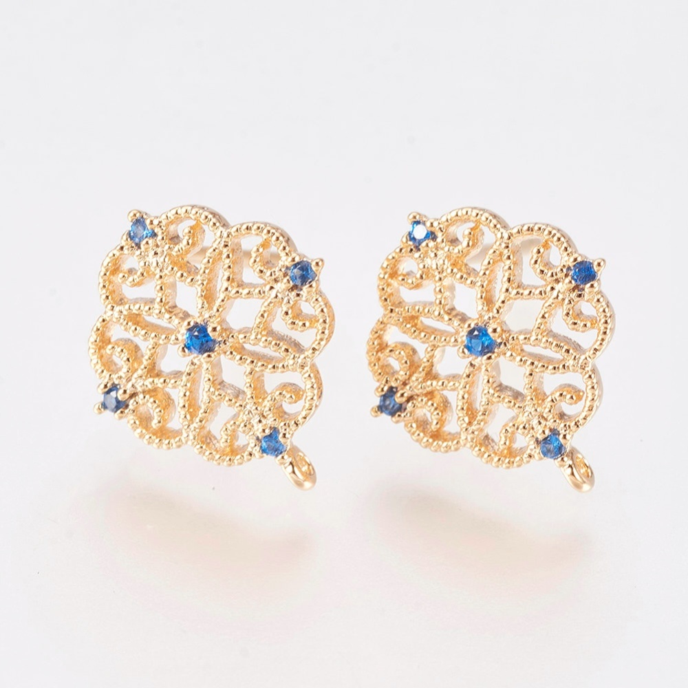 PandaHall Brass Stud Earring Findings, with Cubic Zirconia, Nickel Free, Flower, Real Gold Plated, 13x12x2mm, Hole: 0.8mm; Pin: 0.8mm...