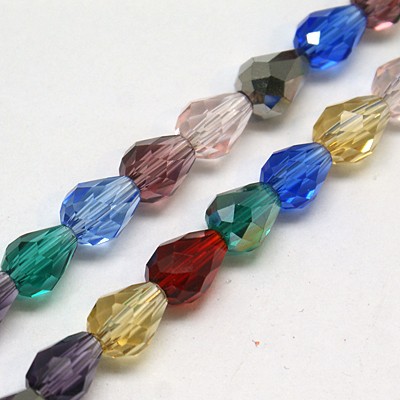 PandaHall Glass Beads Strands, Faceted, Drop, Colorful, 18x12mm; Hole: 1mm, about 40pcs/strand, 27.6" Glass Drop