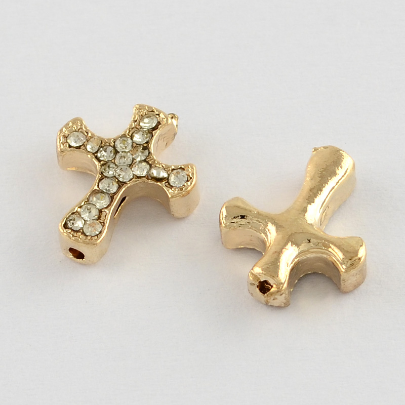 PandaHall Cross Alloy Grade A Rhienstone Beads, Rose Gold Metal Color, Crystal, 13x11x3.5mm, Hole: 1mm Alloy+Rhinestone Cross