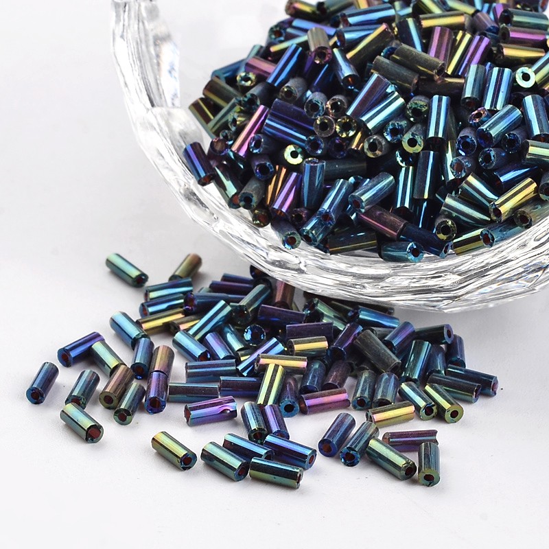 PandaHall Tube Iris Round Hole Glass Bugle Beads, Multi-color Plated, 4.6~5x1.8~2mm, Hole: 0.8mm; about 12000pcs/450g Glass