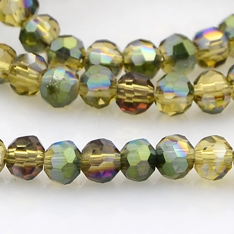 PandaHall Half Rainbow Plated Glass Faceted Round Spacer Beads Strands, Olive, 3mm, Hole: 1mm; about 100pcs/strand, 11.5" Glass Round Green
