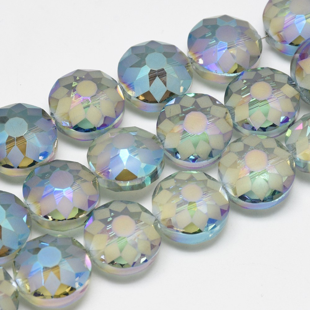 PandaHall Electroplate Glass Beads Strands, Rainbow Plated, Faceted, Flat Round, LightSkyBlue, 14x10mm, Hole: 1.5mm; about 50pcs/strand...