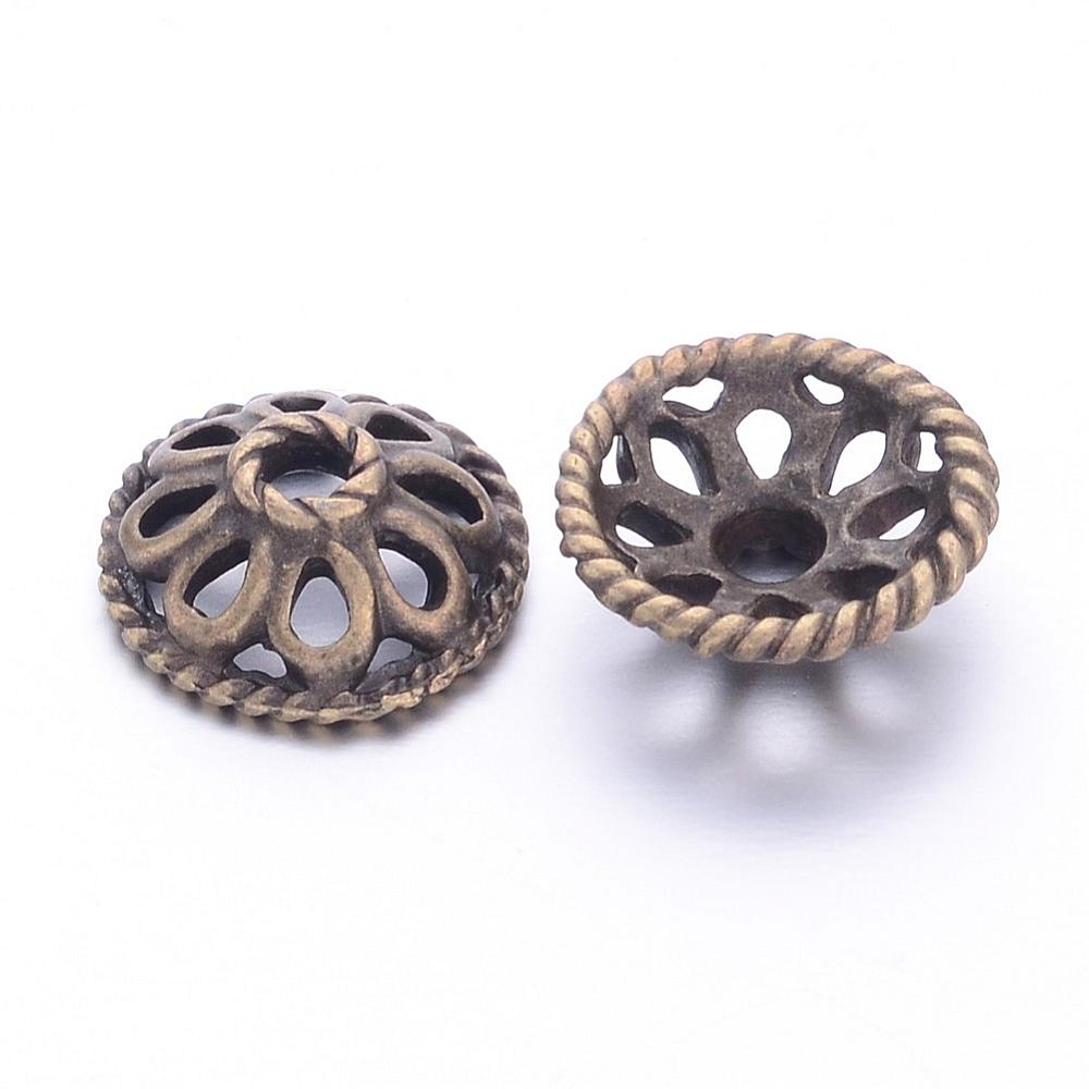 PandaHall Alloy Bead Caps, Lead Free and Cadmium Free, Antique Bronze Color, about 11.5mm in diameter, 4mm thick, hole: 2mm Alloy