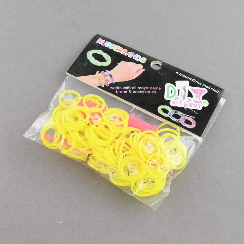 PandaHall DIY Rubber Loom Bands Refills with Accessories, Yellow, 110x90x13mm; Band: 1mm thick Rubber Yellow